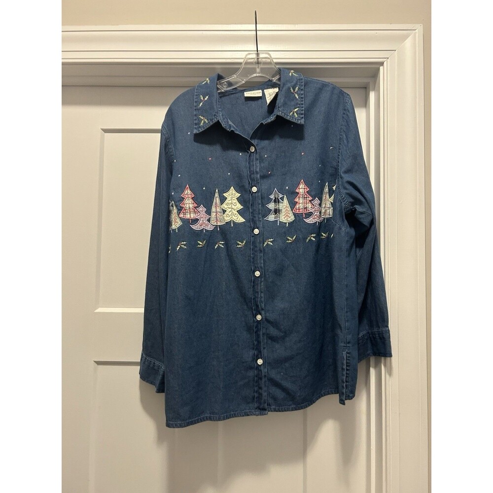 White Stag women’s pastel Christmas holiday Denim long sleeve Blouse plus sz 16W